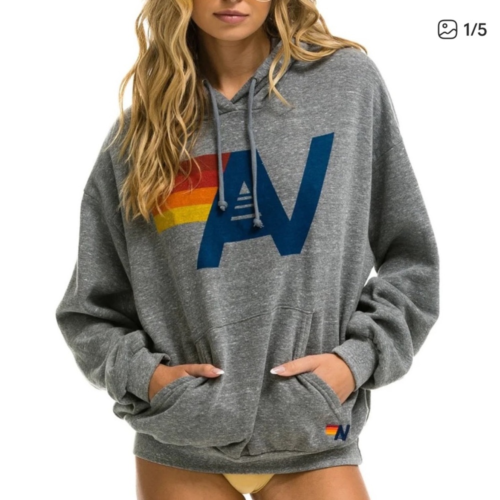 Aviator Nation Heather Gray Hoodie with Rainbow Logo NWT